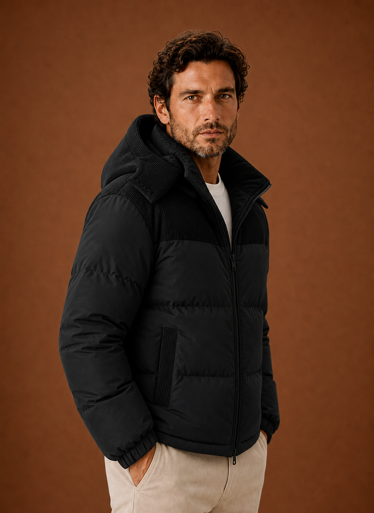 Herre Hooded Vinter Puffer Jakke med Corduroy Krave | Areleon