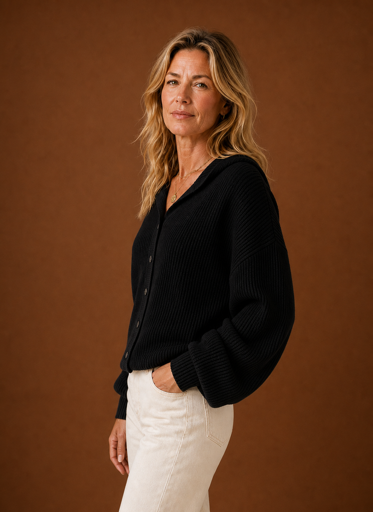Dame Strikket Cardigan - Ribbet Hætteknap Sweater | Areleon