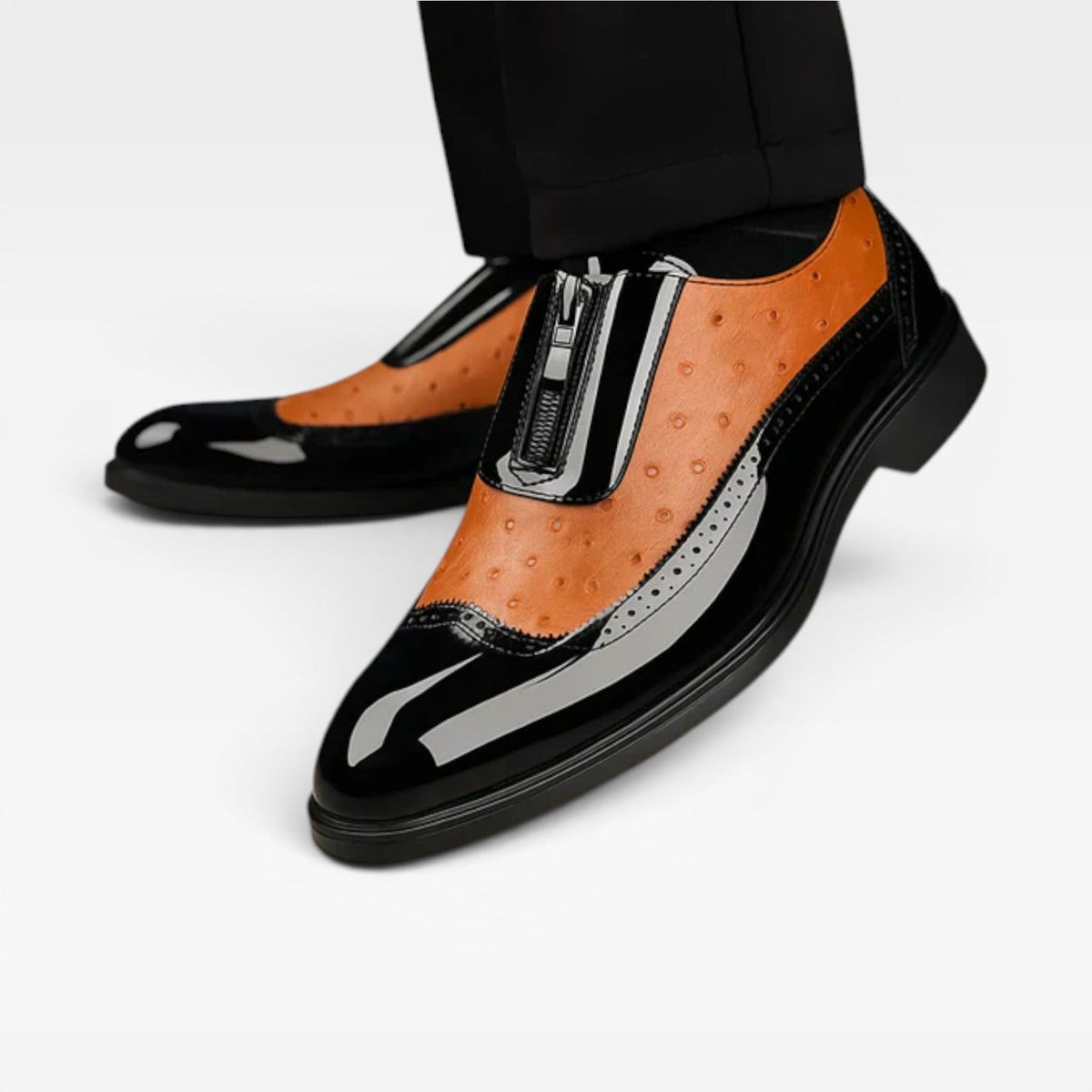 Herresko i patentlæder med strudse tekstur – Elegant tofarvet brogue formel stil