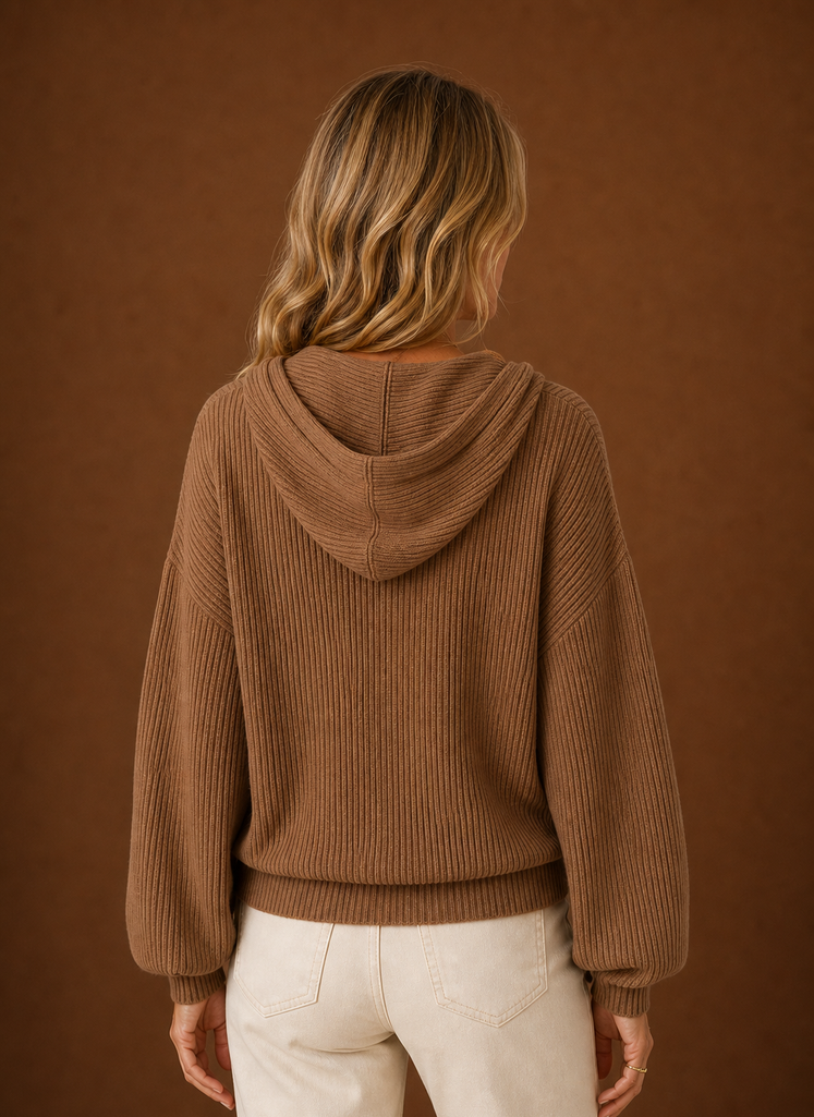 Dame Strikket Cardigan - Ribbet Hætteknap Sweater | Areleon