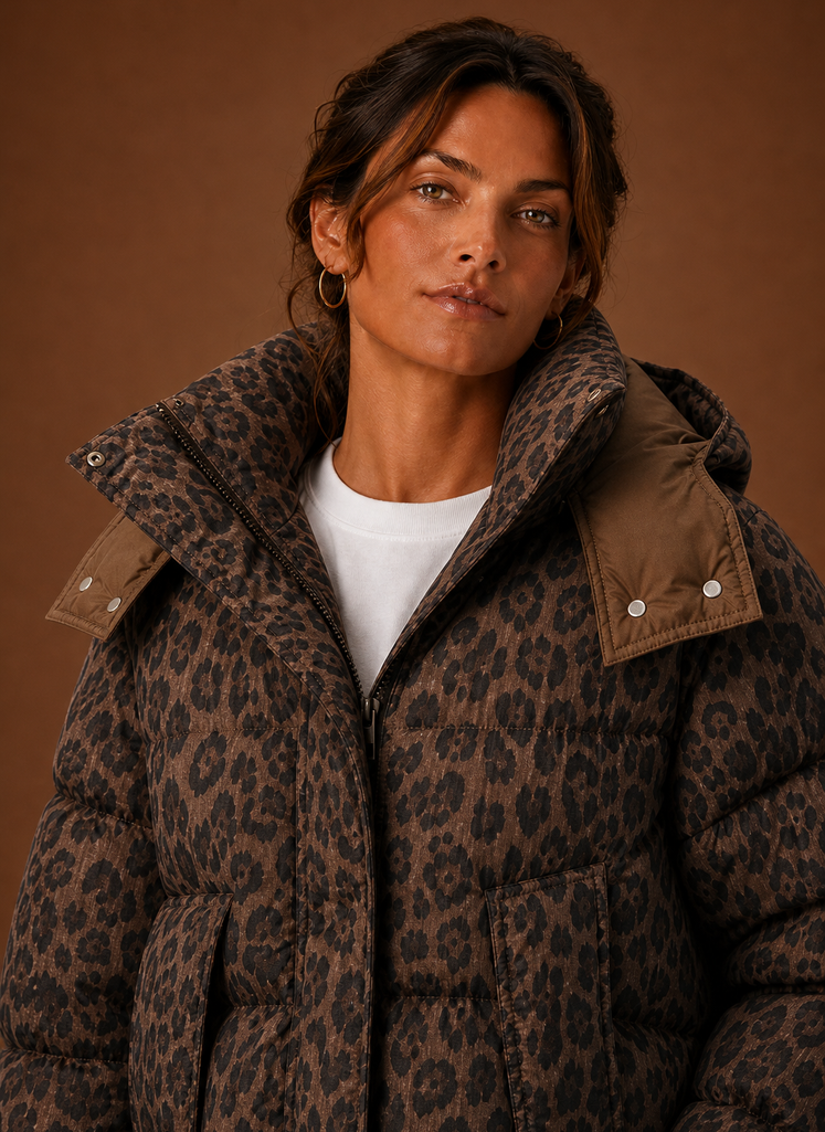 Dame Puffer Jakke - Leopardprint Quiltet Vinterfrakke | Areleon