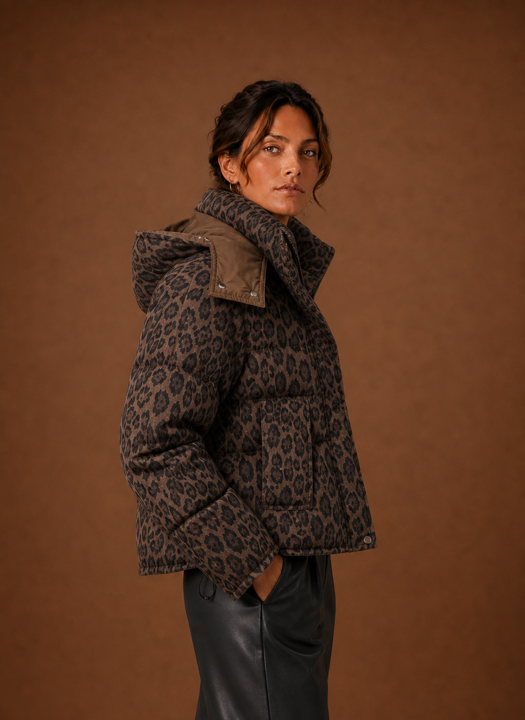 Dame Puffer Jakke - Leopardprint Quiltet Vinterfrakke | Areleon