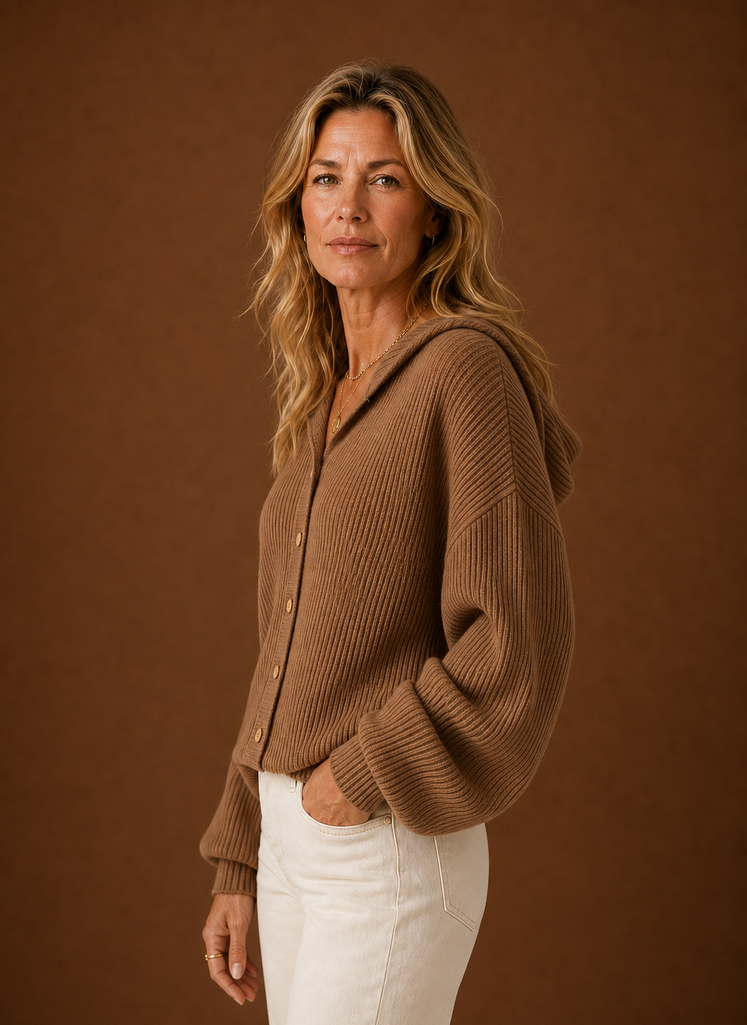 Dame Strikket Cardigan - Ribbet Hætteknap Sweater | Areleon
