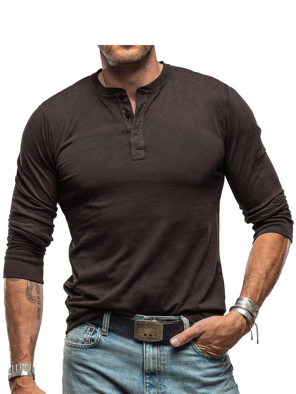 Herres Langærmet Henley T-Shirt – Stretch Casual Lag til Hverdagsbrug
