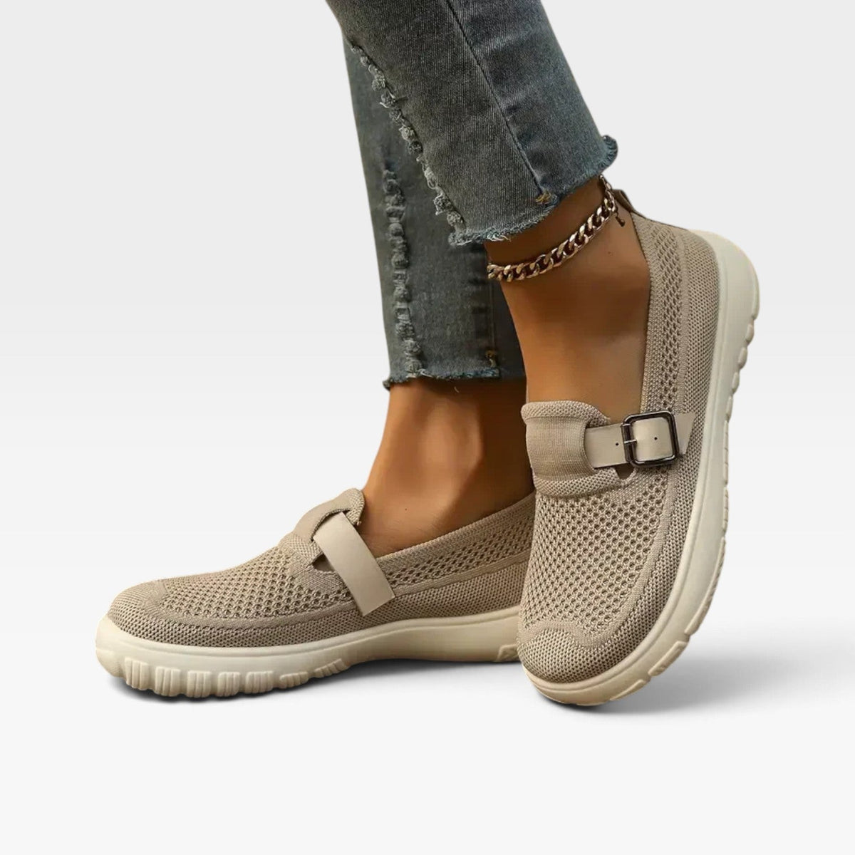 Kvindernes Strikkede Slip-On Sko – Polstrede Komfort Sneakers med Spænde