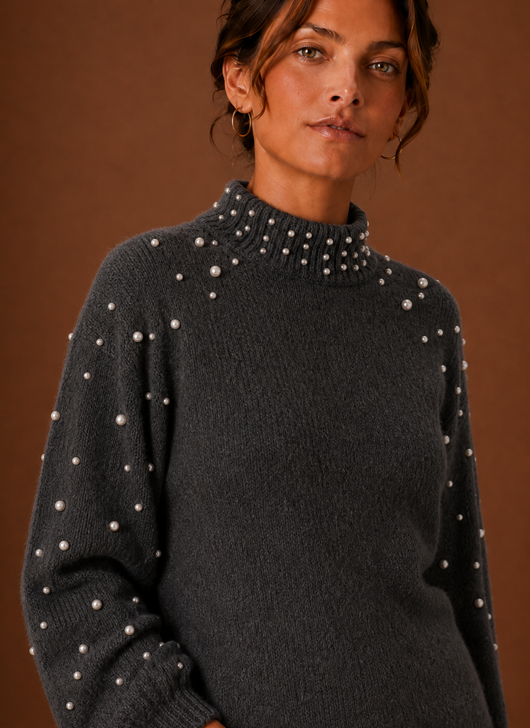 Kvinders Strikket Pullover - Perle Dekoreret Sweater | Areleon