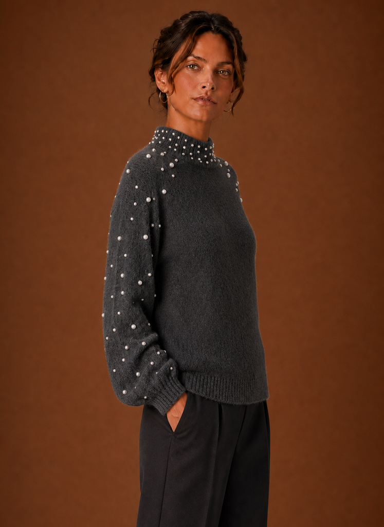 Kvinders Strikket Pullover - Perle Dekoreret Sweater | Areleon