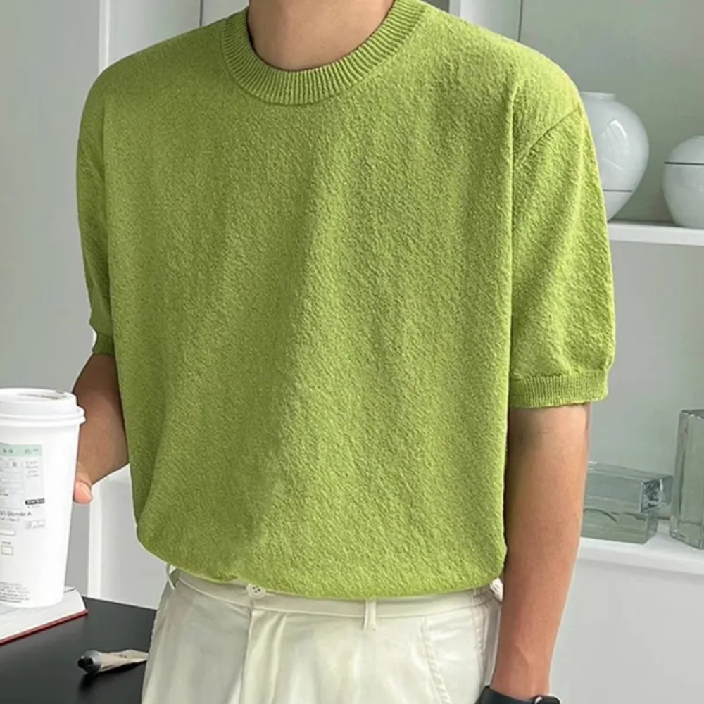 Herre T-shirt i tekstureret strik, klassisk crew neck, afslappet top