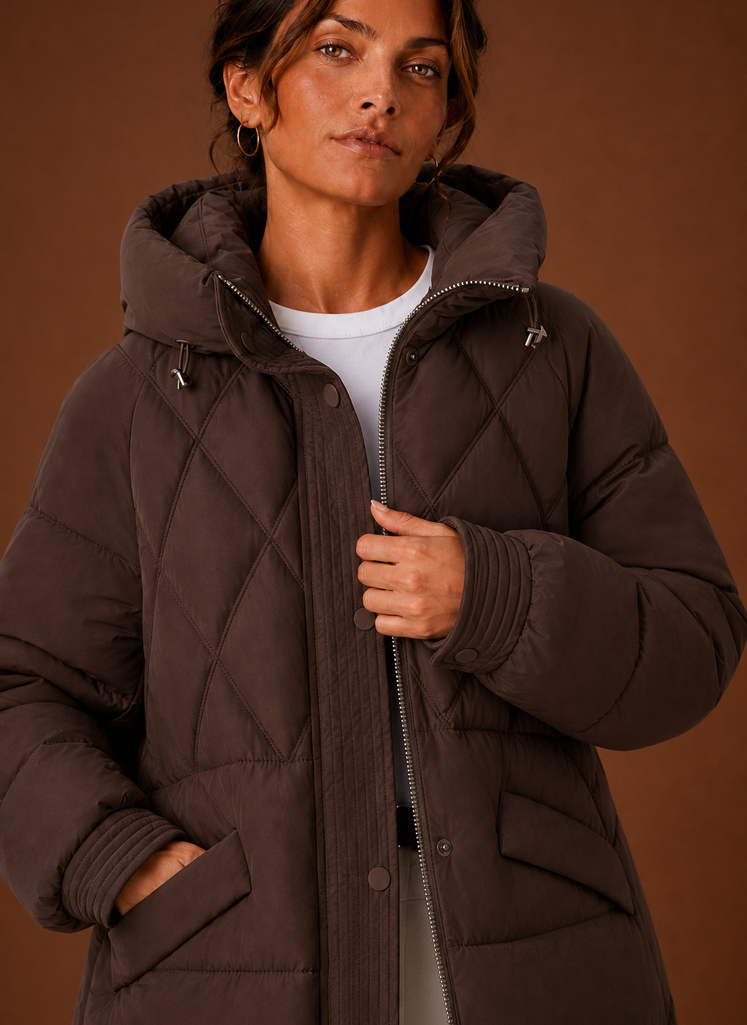 Dame Puffer Jakke - Hætte Langline Diamant Quiltning | Areleon