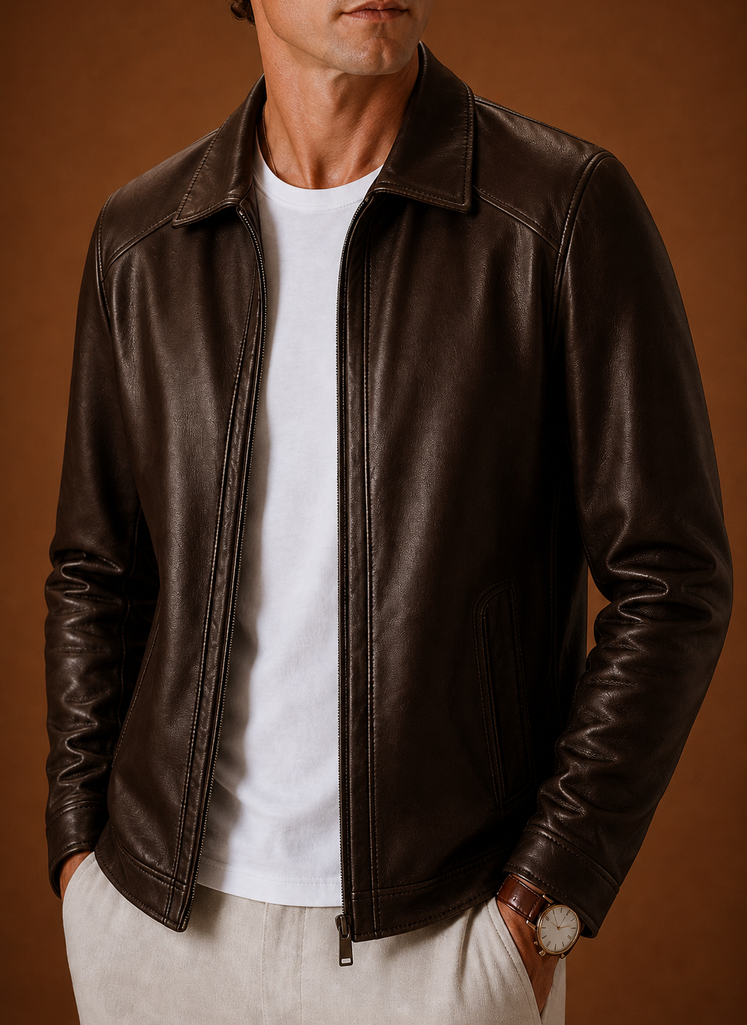 Herre Læderlook Jakke Klassisk Zip Jakke | Areleon