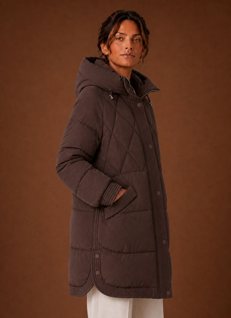 Dame Puffer Jakke - Hætte Langline Diamant Quiltning | Areleon
