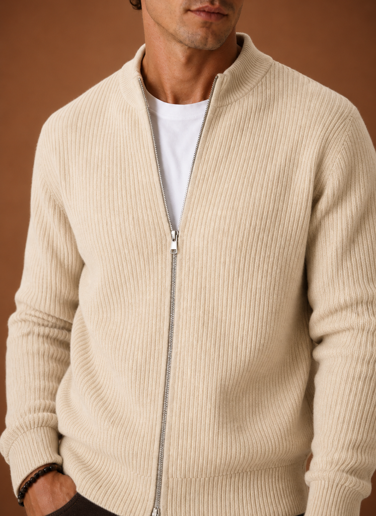 Herre Full Zip Strik Cardigan Sweater Ribbet Zip-Up Jakke | Areleon