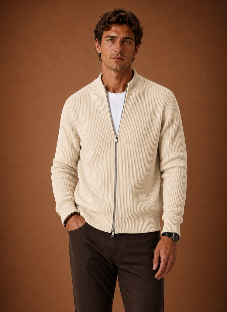 Herre Full Zip Strik Cardigan Sweater Ribbet Zip-Up Jakke | Areleon