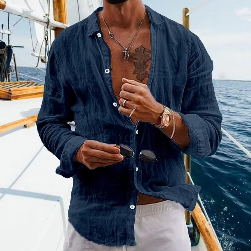 Herre Textured Knap Front Langærmet Casual Skjorte