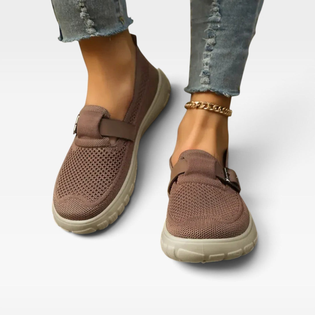 Kvindernes Strikkede Slip-On Sko – Polstrede Komfort Sneakers med Spænde