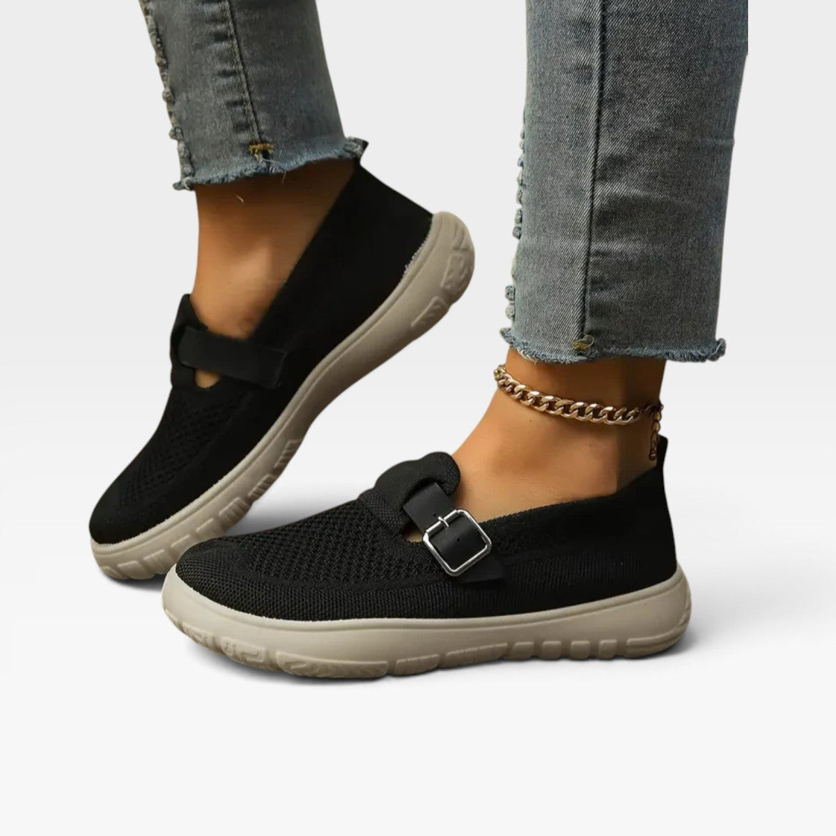 Kvindernes Strikkede Slip-On Sko – Polstrede Komfort Sneakers med Spænde