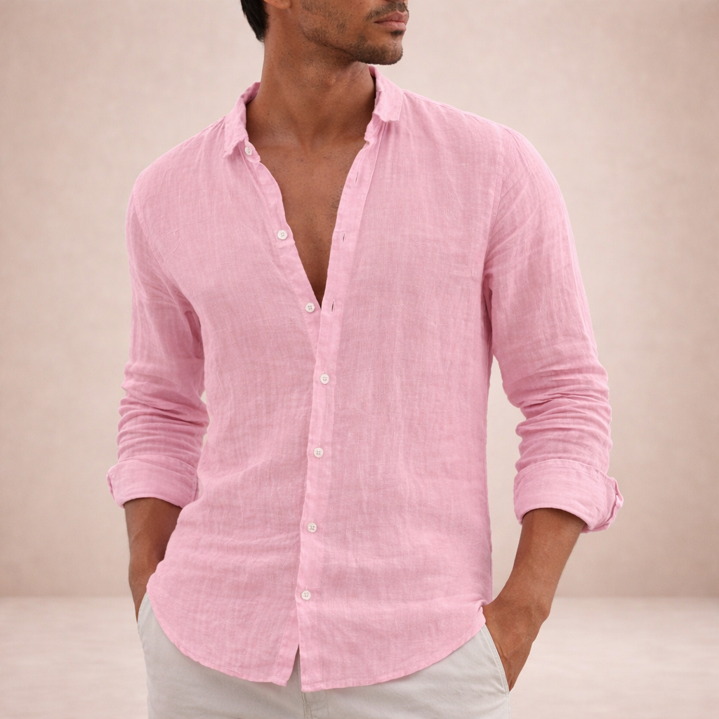 Herre Regular Fit Linned Knap-Ned Casual Skjorte