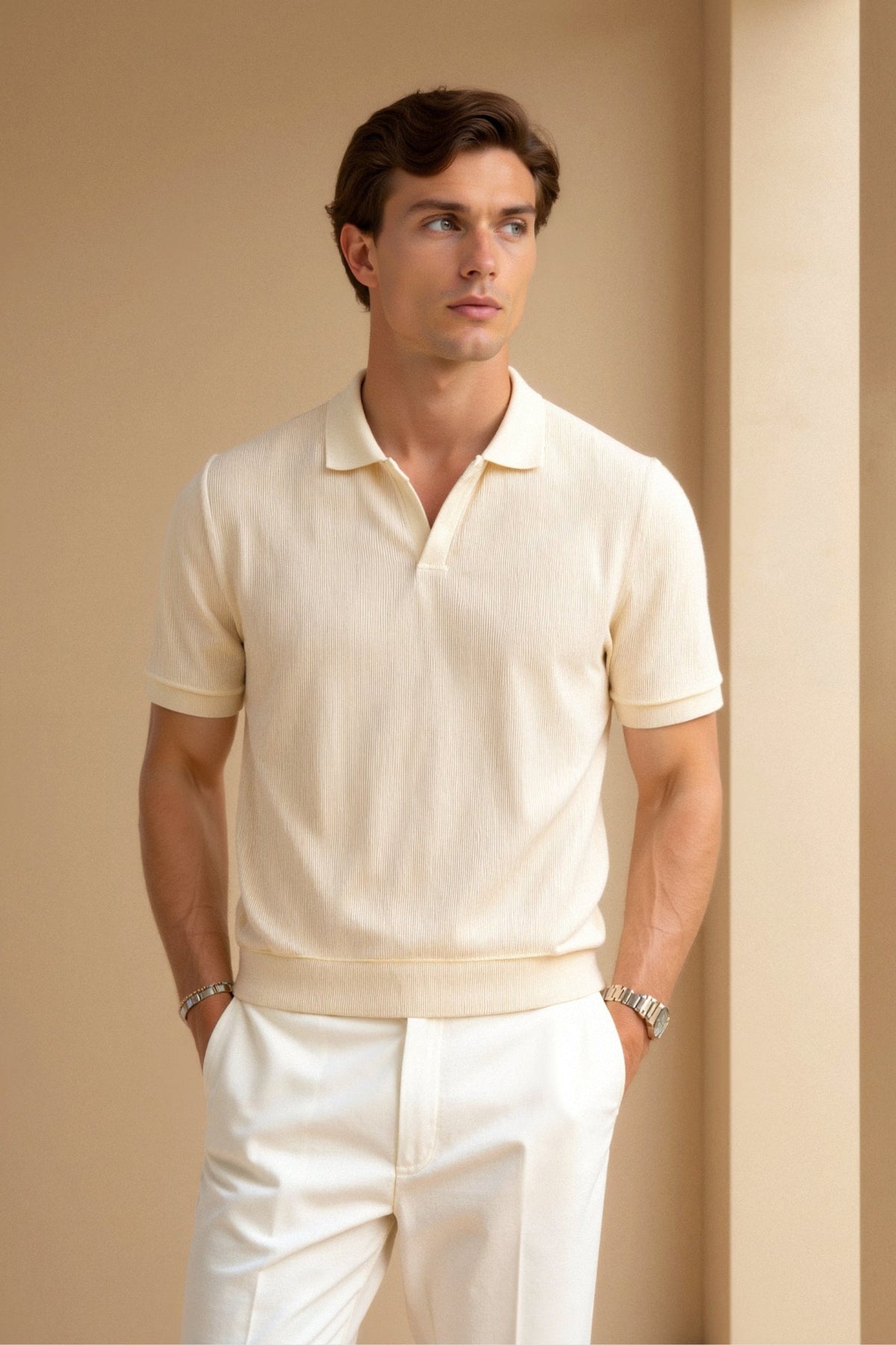 Herre Struktureret Polo Shirt Klassisk Kort Ærme V-Hals Regular Fit Elegant Hverdagsbrug