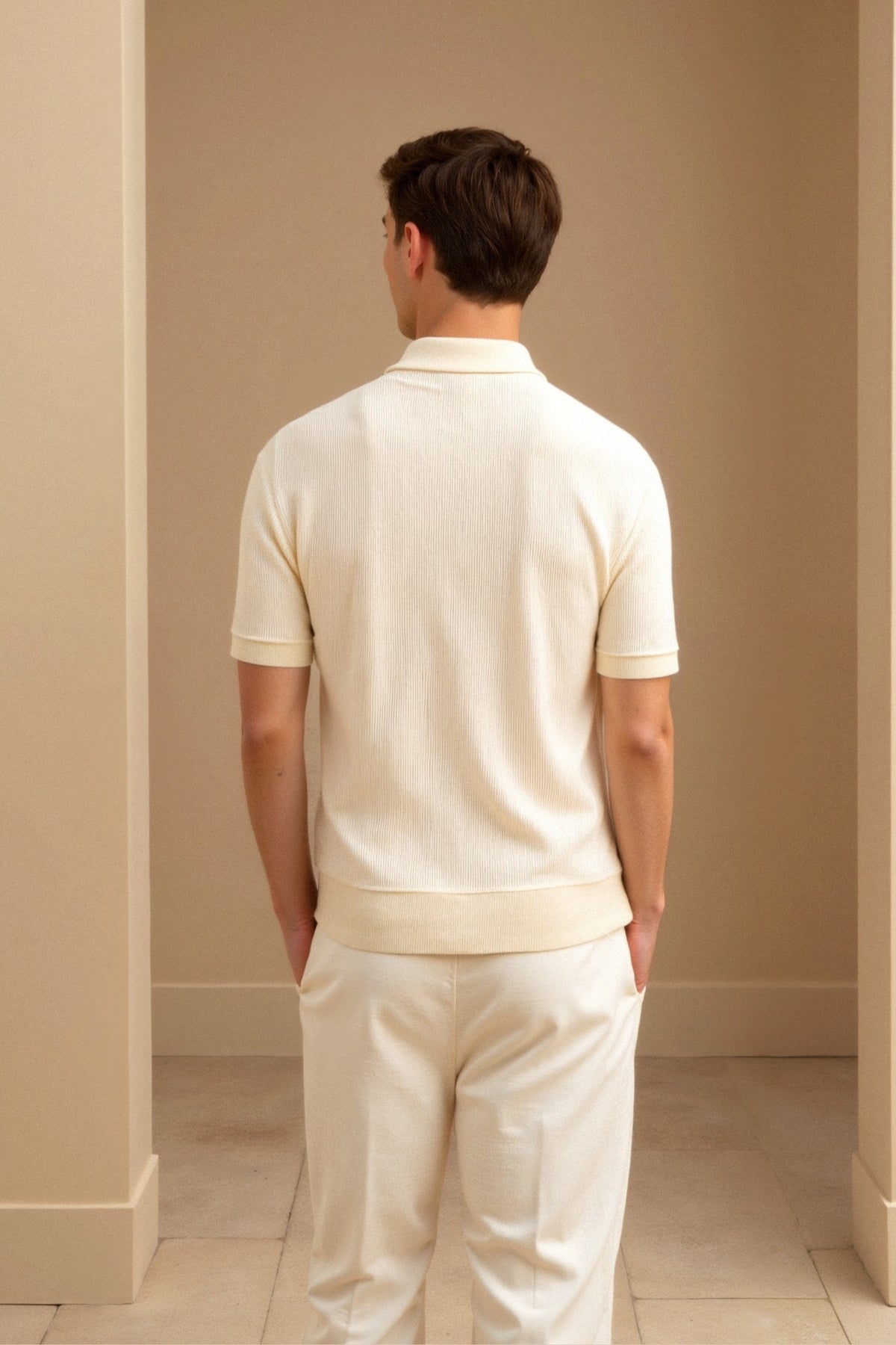 Herre Struktureret Polo Shirt Klassisk Kort Ærme V-Hals Regular Fit Elegant Hverdagsbrug