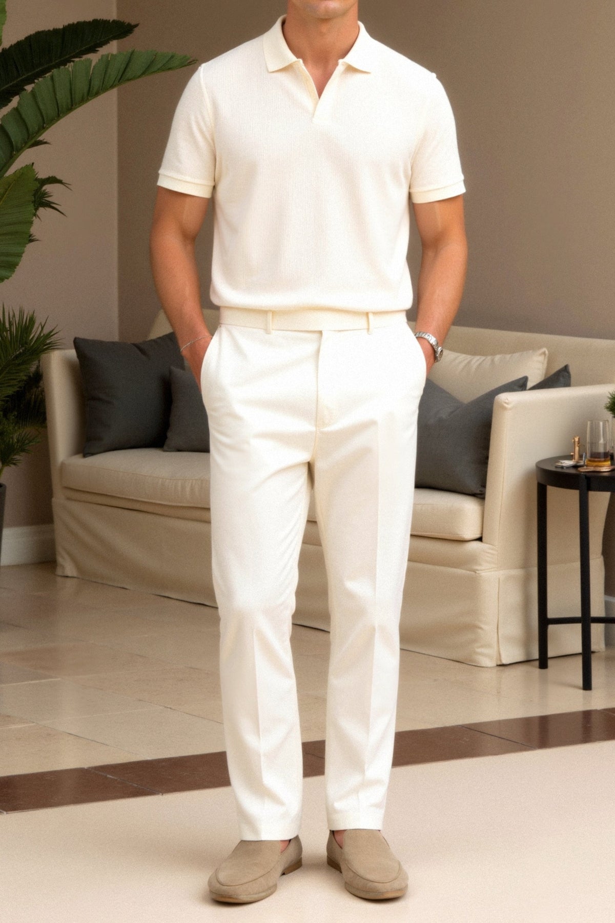 Herre Struktureret Polo T-shirt Klassisk Kortærmet V-Hals Regular Fit Elegant Hverdagsbrug