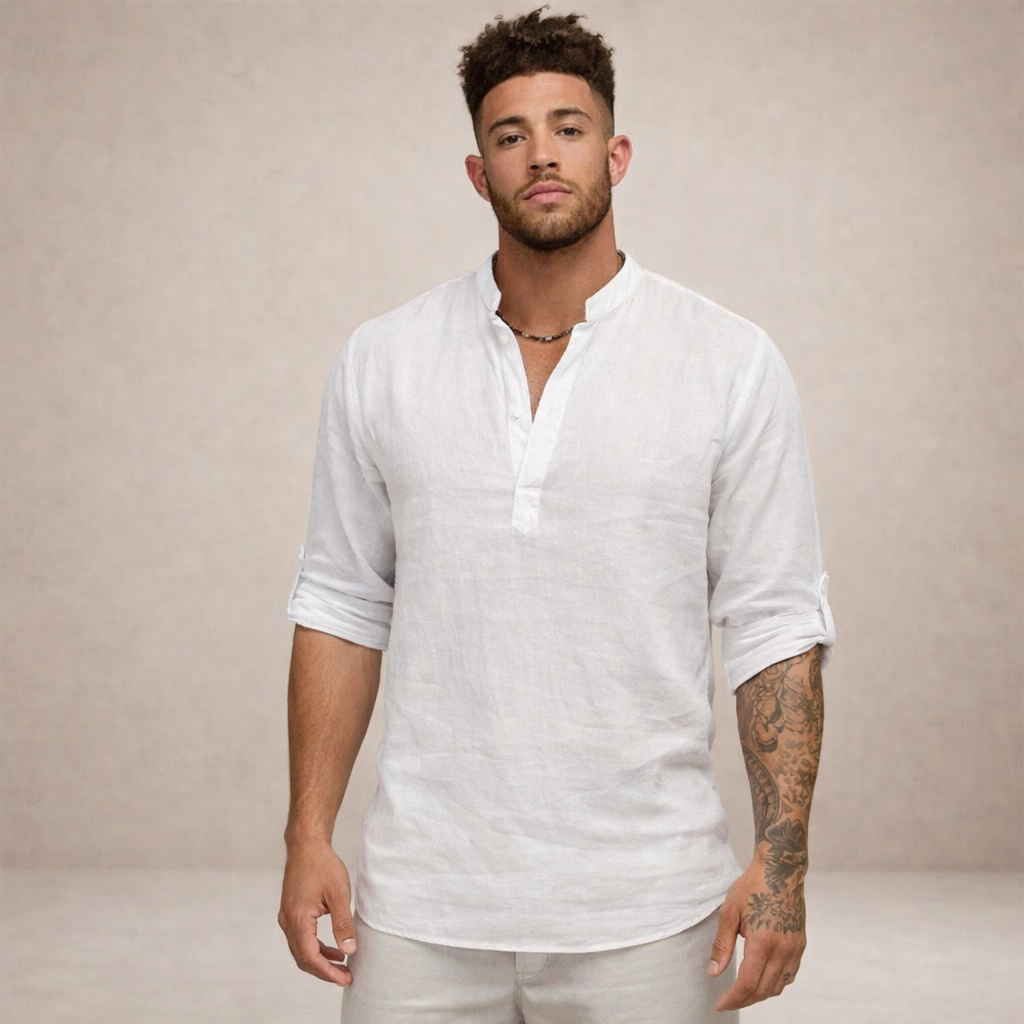 Herre Linned Skjorte Åben Placket Rulleærmer Resort Fit