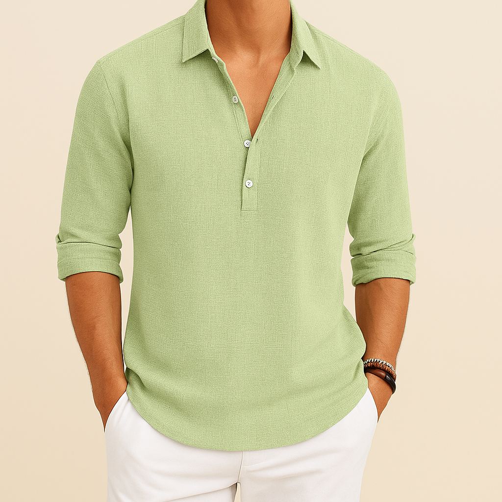 Herre Langærmet Polo Skjorte Relaxed Fit Knap Hals Top