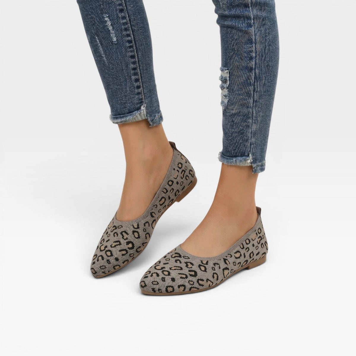 Kvindernes Leopard Print Strikket Ballet Flats – Spidse Tå Slip On Komfort Sko