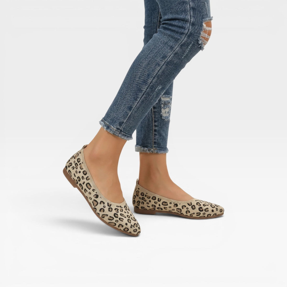 Kvindernes Leopard Print Strikket Ballet Flats – Spidse Tå Slip On Komfort Sko