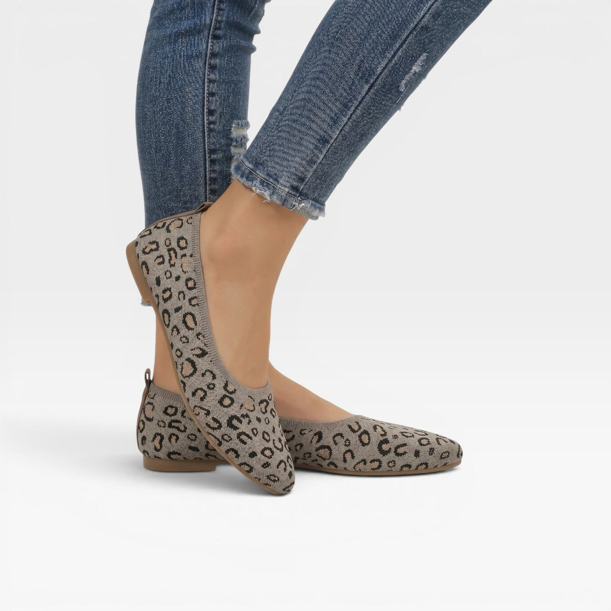 Kvindernes Leopard Print Strikket Ballet Flats – Spidse Tå Slip On Komfort Sko