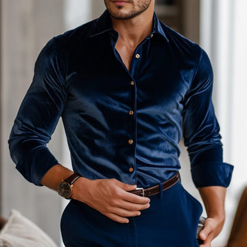 Herre Velvet Langærmet Skjorte – Fitted Button-Up Design med Klassisk Krave til Middage og Aftenevents