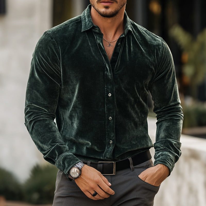 Herre Velvet Langærmet Skjorte – Fitted Button-Up Design med Klassisk Krave til Middage og Aftenevents