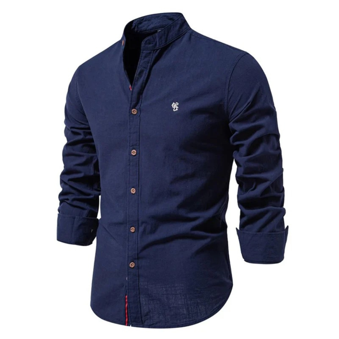 Herre Stand-Krave Langærmet Skjorte – Smart Casual Knap-Up til Hverdag og Traditionelle Begivenheder