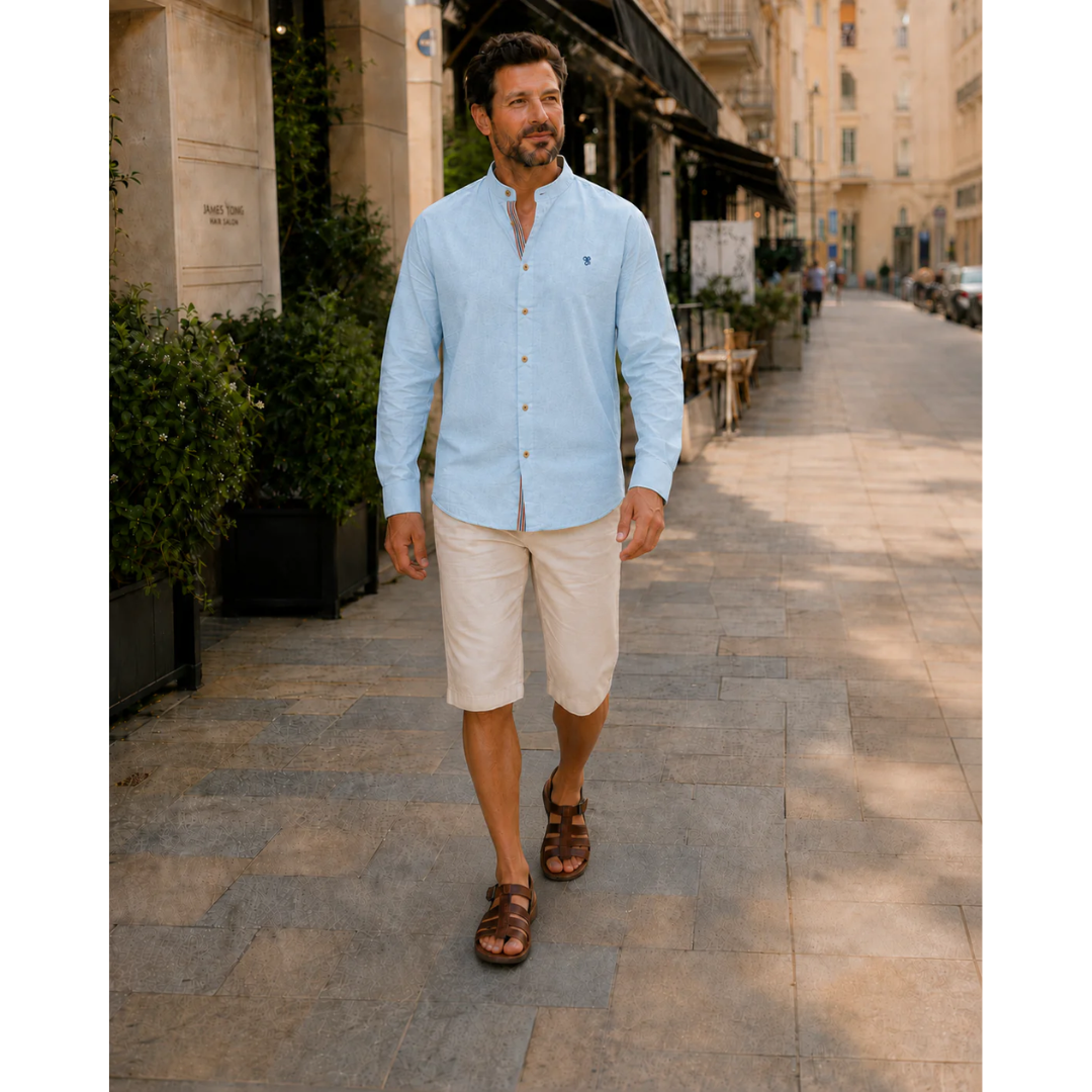 Herreskjorte med ståkrave og lange ærmer – Smart casual knap-op til hverdag og traditionelle begivenheder