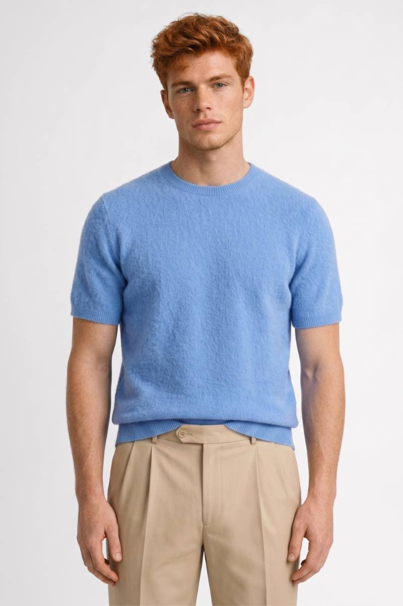 Herre Strikket Crew Neck T-Shirt med Ribkant