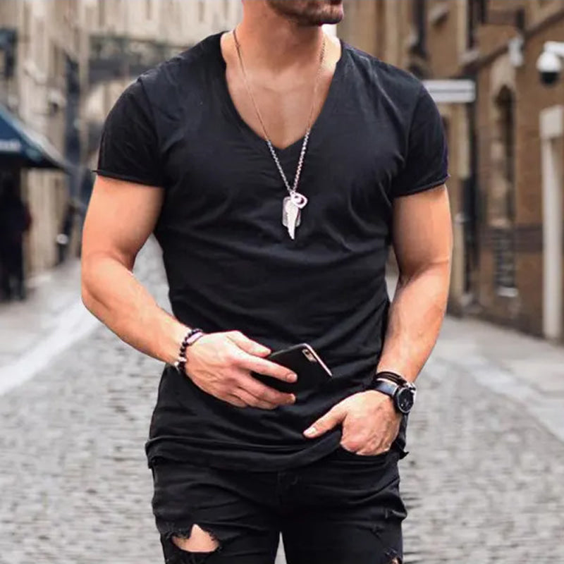 Herre Fitted V-Hals T-Shirt – Dyb Uddybning Sommer Essential til Bybrug