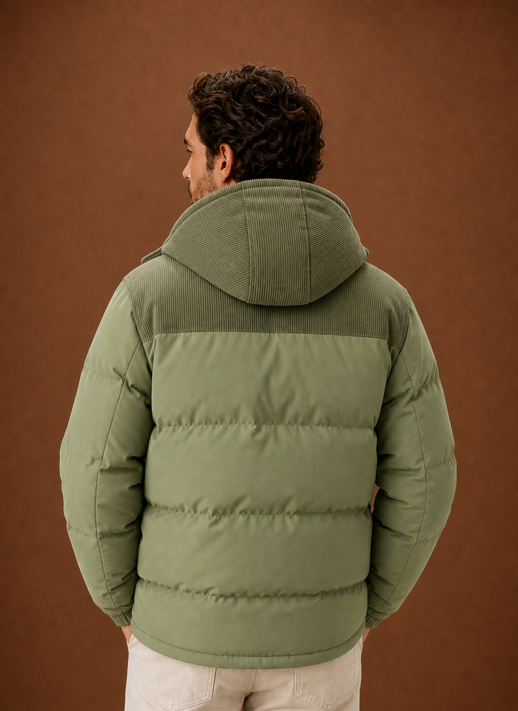 Herre Hooded Vinter Puffer Jakke med Corduroy Krave | Areleon