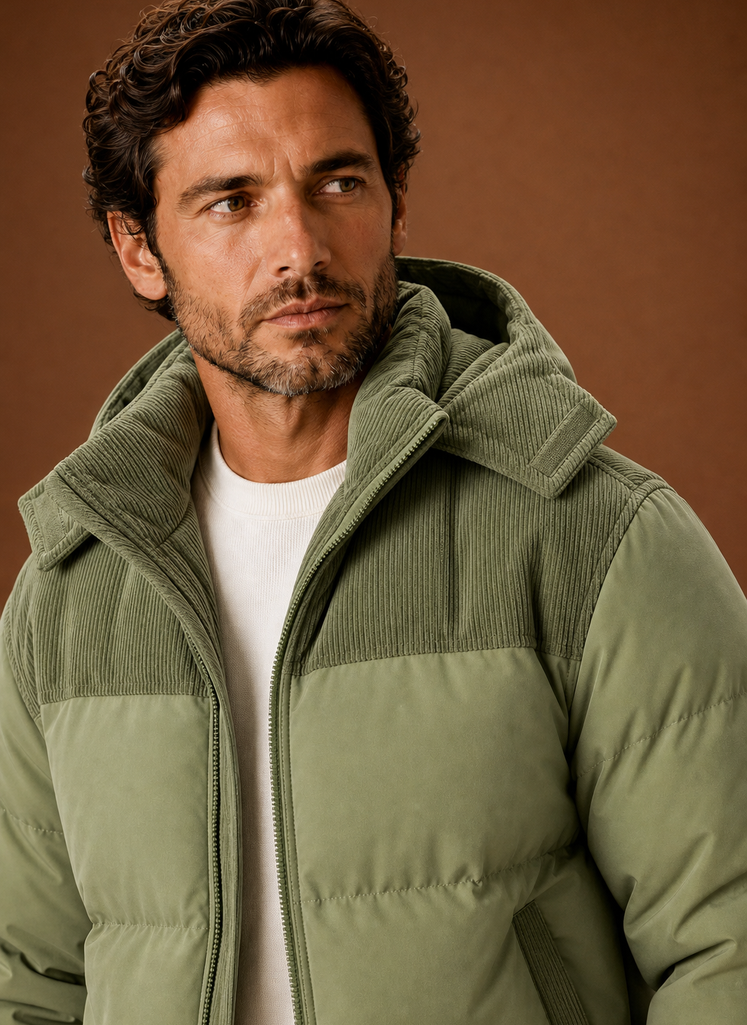 Herre Hooded Vinter Puffer Jakke med Corduroy Krave | Areleon