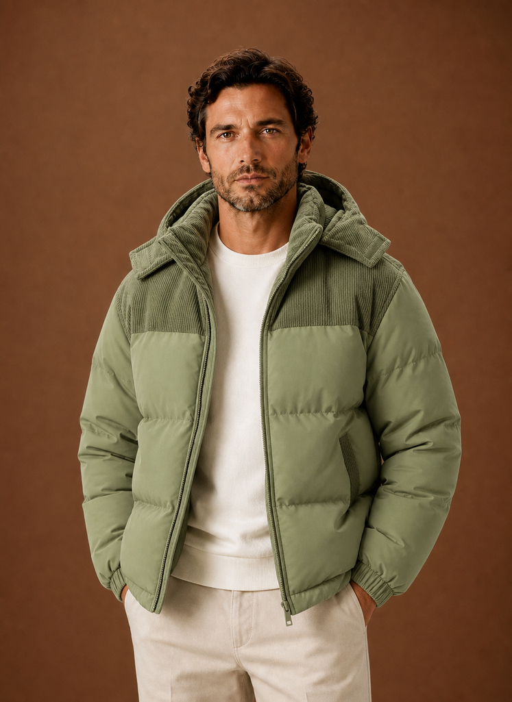 Herre Hooded Vinter Puffer Jakke med Corduroy Krave | Areleon