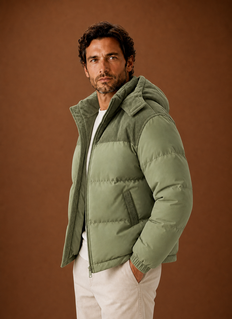 Herre Hooded Vinter Puffer Jakke med Corduroy Krave | Areleon