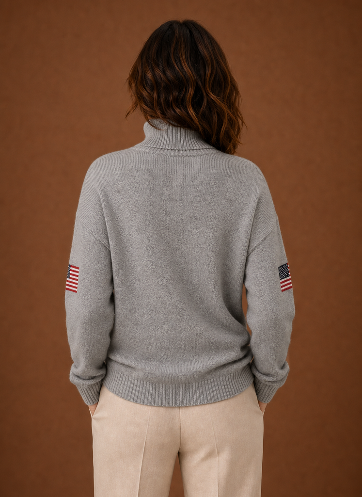 Kvinders Turtleneck Sweater - Amerikansk Flag Strik Pullover | Areleon