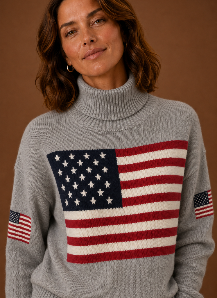 Kvinders Turtleneck Sweater - Amerikansk Flag Strik Pullover | Areleon