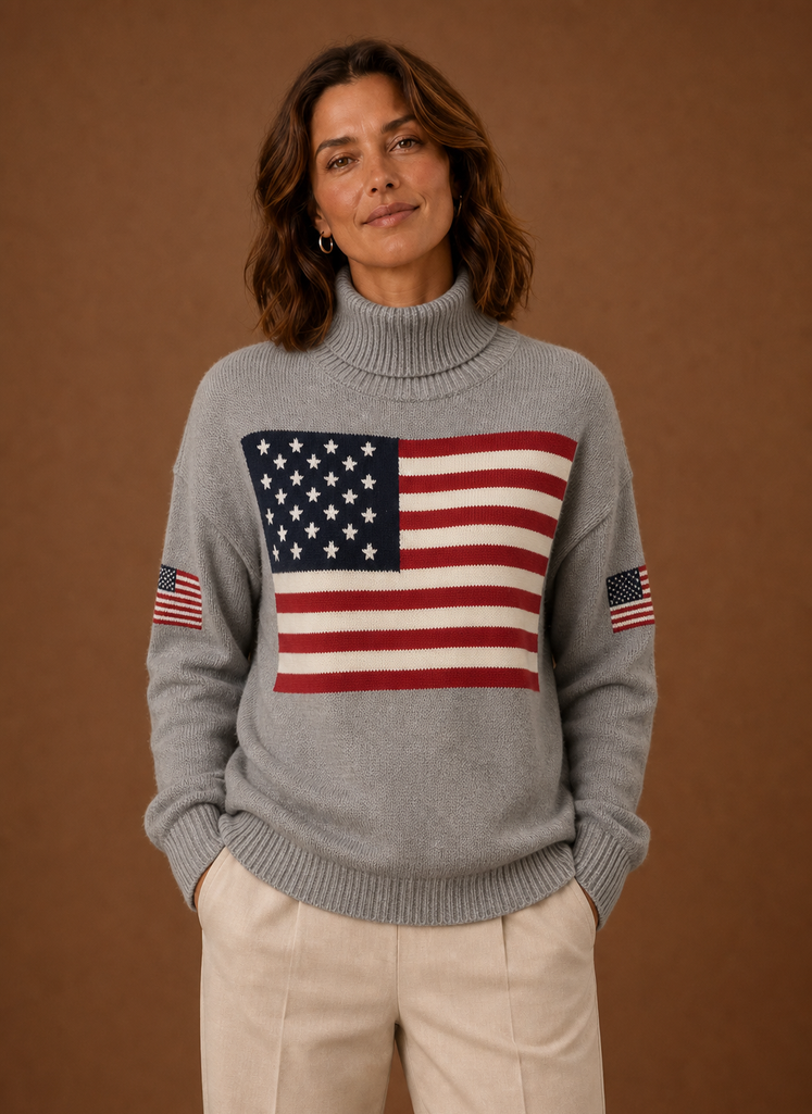 Kvinders Turtleneck Sweater - Amerikansk Flag Strik Pullover | Areleon