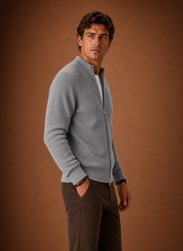 Herre Full Zip Strik Cardigan Sweater Ribbet Zip-Up Jakke | Areleon