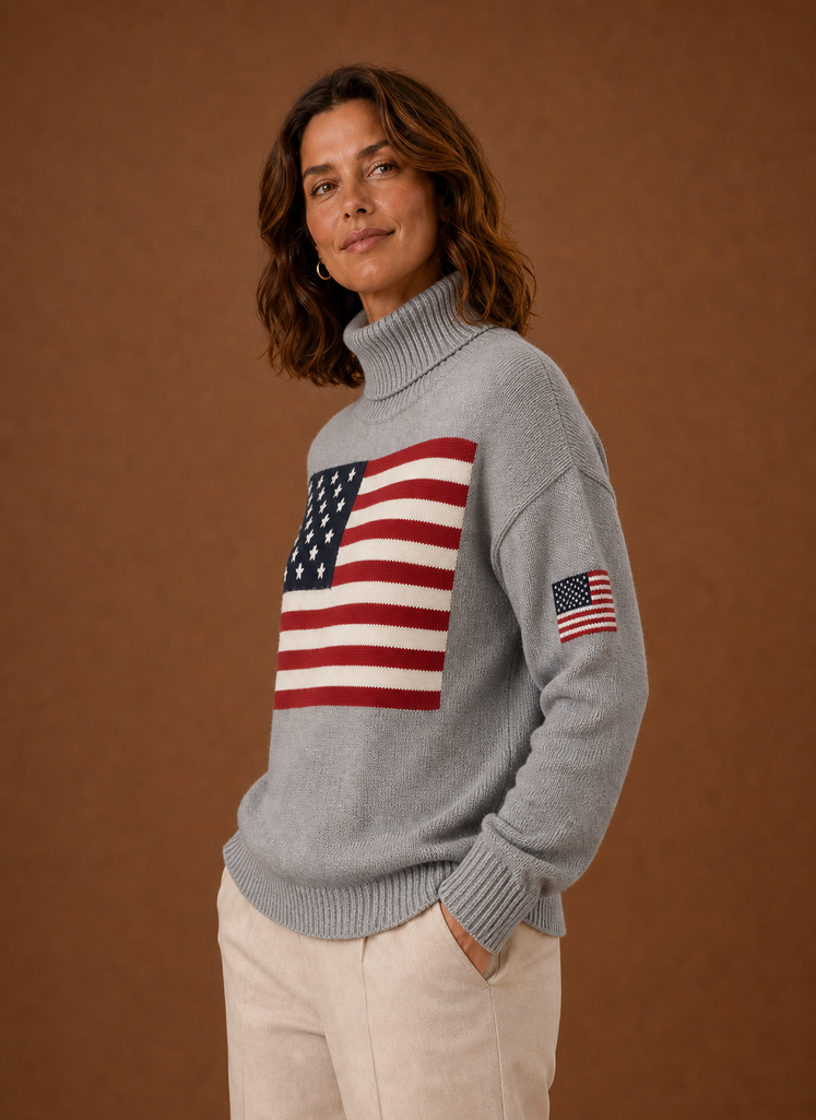 Kvinders Turtleneck Sweater - Amerikansk Flag Strik Pullover | Areleon
