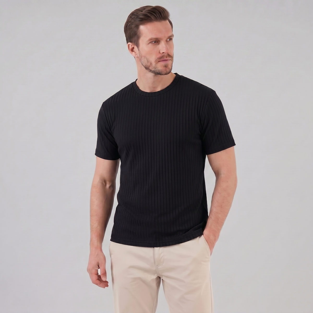 Herre Ribbet T-shirt Crew Neck Slim Fit Tee