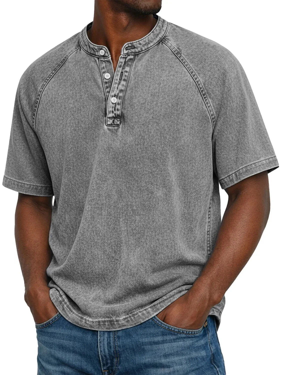 Herre Vasket Henley T-Shirt med Korte Ærmer
