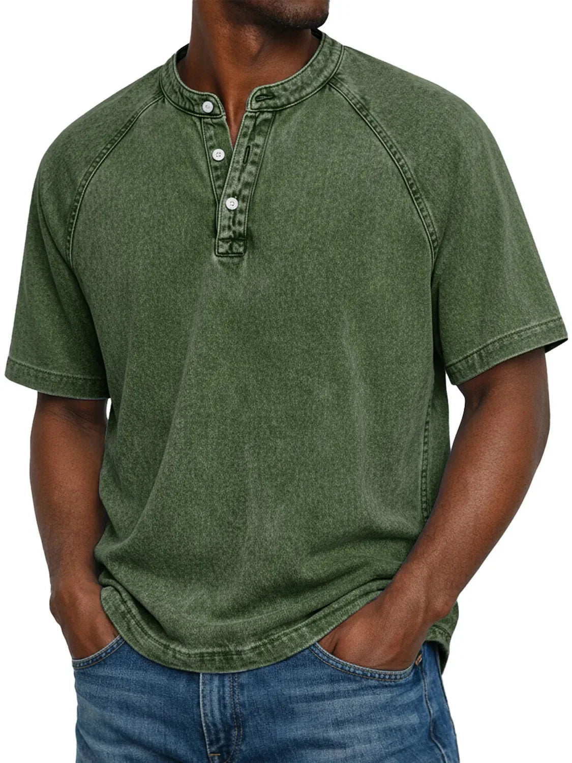 Herre Vasket Henley T-Shirt med Korte Ærmer