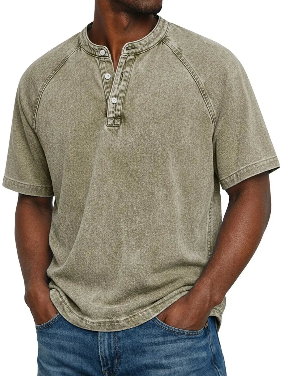 Herre Vasket Henley T-Shirt med Korte Ærmer
