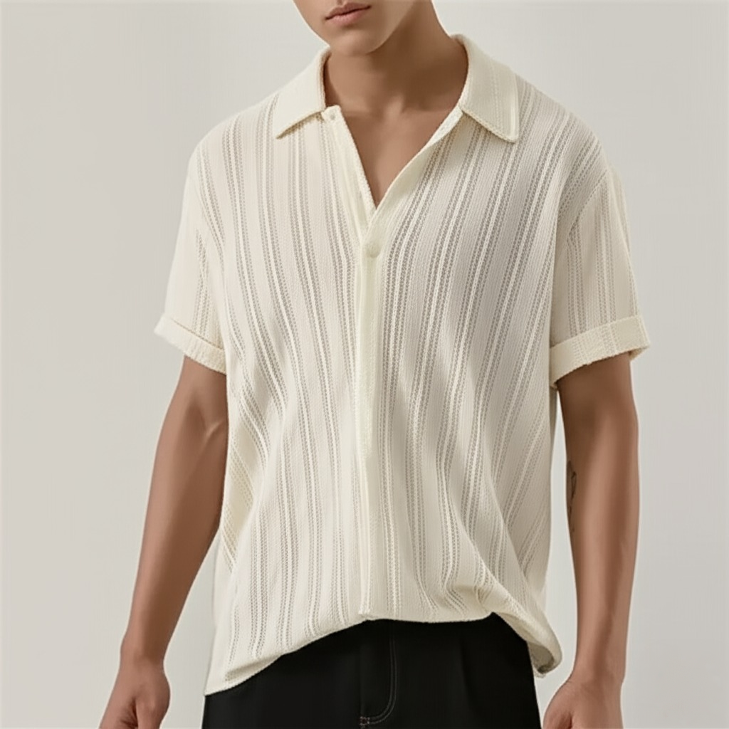 Herre Strikket Polo Shirt Tekstureret Vertikal Stribe Sommer Top