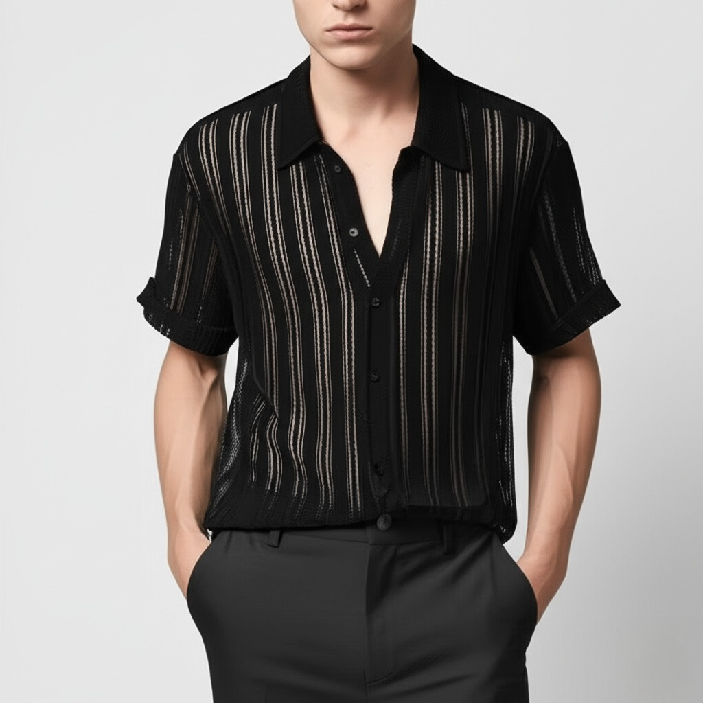 Herre Strikket Polo T-shirt Tekstureret Lodret Stribe Sommer Top